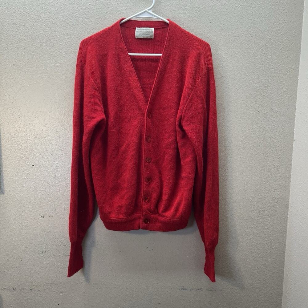 VTG 70s Lord Jeff Orlon Acrylic Red Knit‎ Button Retro Cardigan Sweater Mens M